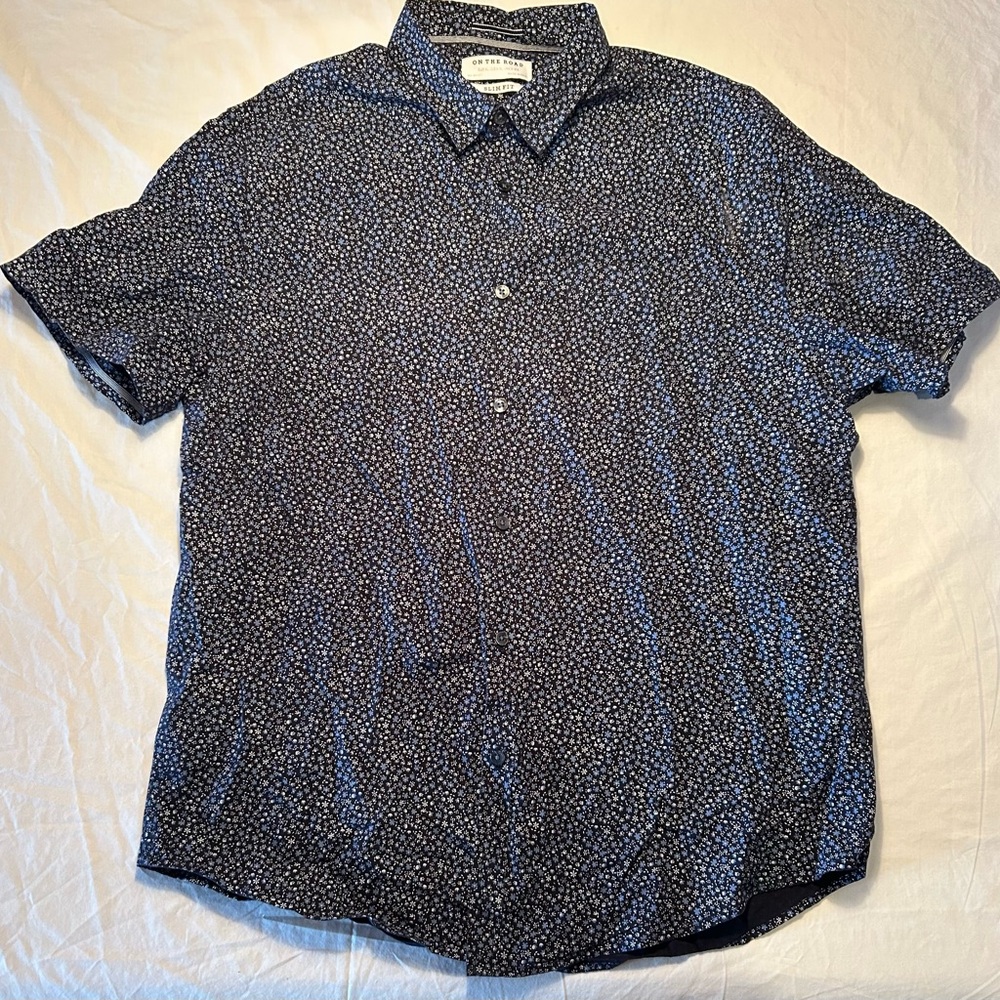 On The Road Blue Floral Print 100% Cotton Button Up Short Sleeve Shirt Men’s XL